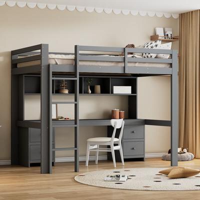 Hochbett, Kinderbett, Oberbett, Couchtisch, großer Stauraum, hohes Geländer, stabile Treppe, grau, Image