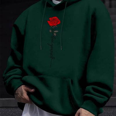 TEMU Rose And Print Men's Trendy Hoodie, Comfortable Long Sleeved Top, Autumn And Winter Daily & Image