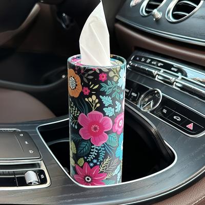 TEMU 1pc Pink Beauty Flower Car Tissue Box, With Facial Tissue - Ladies Travel Tissue Tube, For Car Cup Holder, Round Tissue Box, For Home Dining Table Image