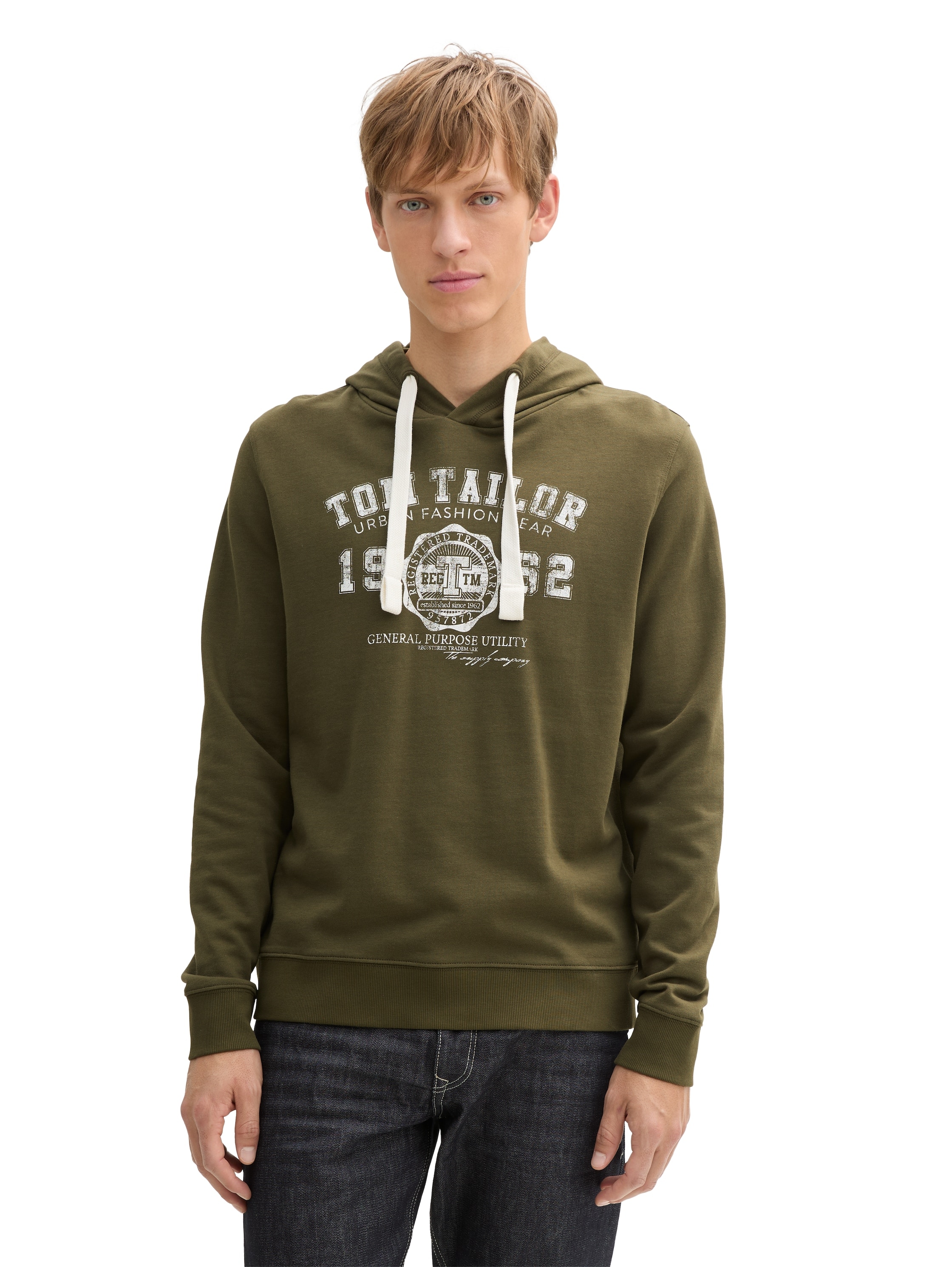 Hoodie TOM TAILOR, Herren, Gr. S, schwarz (schwarz olive), Obermaterial: 100% Baumwolle, bedruckt, regular fit taillenbedeckt, ohne Ausschnitt, Rippbündchen, Sweatshirts Hoodie, mit Logo Print