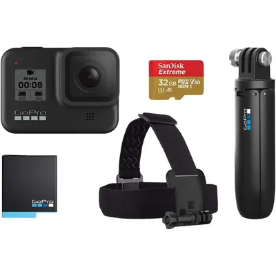 8 Black Retail Bundle - Includes 8 Black Camera Plus Shorty, Head Strap, 32GB SD Card, and 2