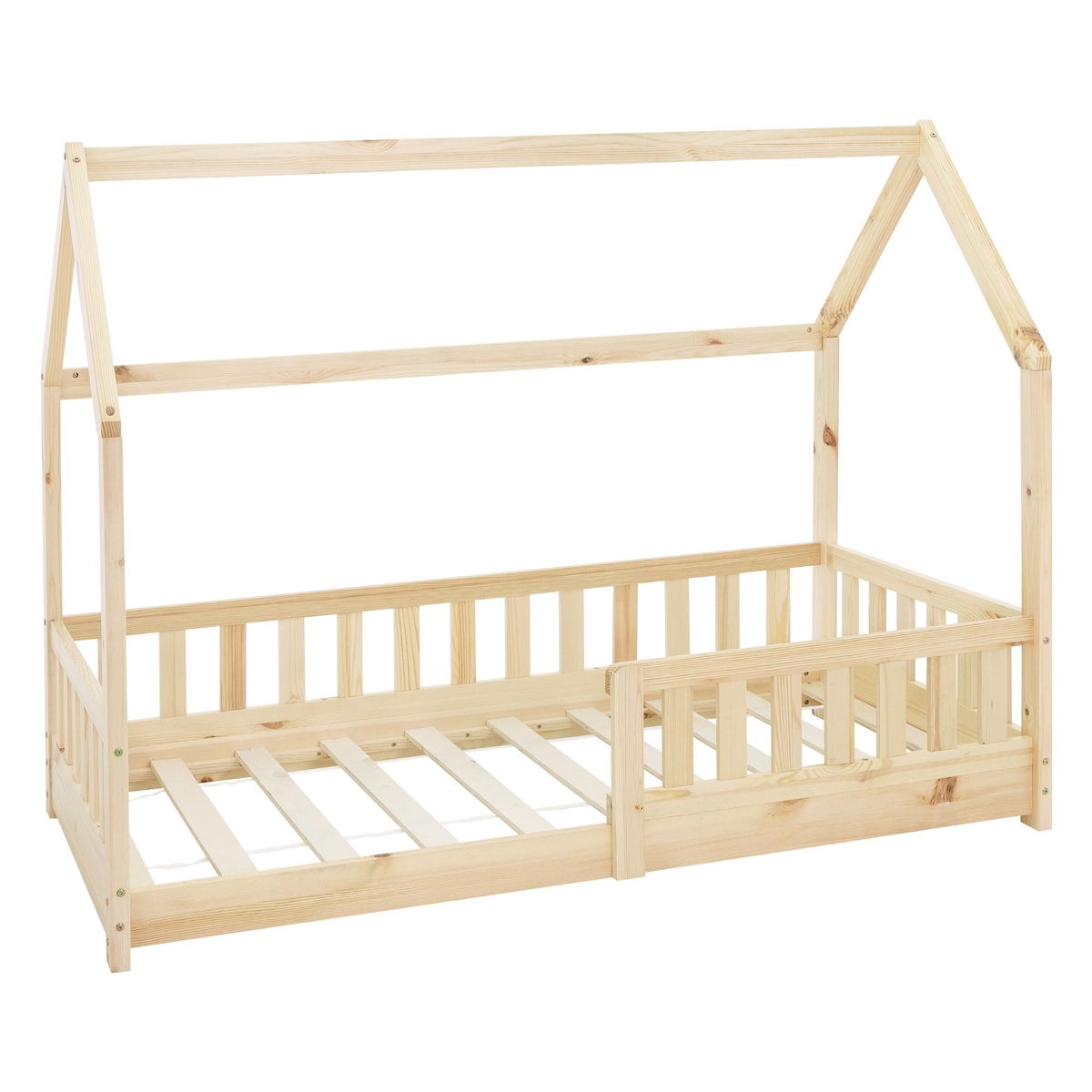ML-Design Kinderbett Hausbett 80 × 160 cm Natur mit Rausfallschutz, Dach & Lattenrost – Massivholz Kiefer, Bodenbett/Jugendbett Image