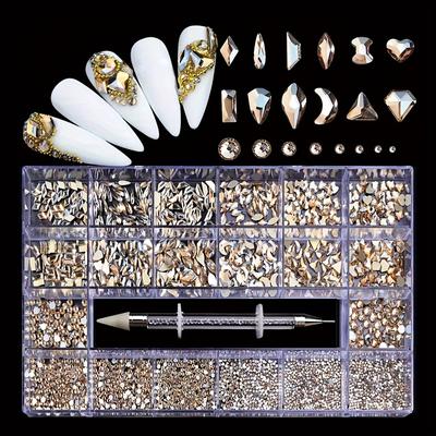 TEMU Manicure 21 Grid Aurora Rhinestone Ornament Set Manicure Flat Bottom Drill Irregular Drill Nail Decoration, Misscheering Image