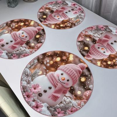 "TEMU 4-pack Christmas Snowman Placemats - 15" Round Non-slip Heat-resistant Polyester Table Mats With Pink Snowman & , Hand Wash Holiday Dining & Party Decor, Christmas Decor" Image