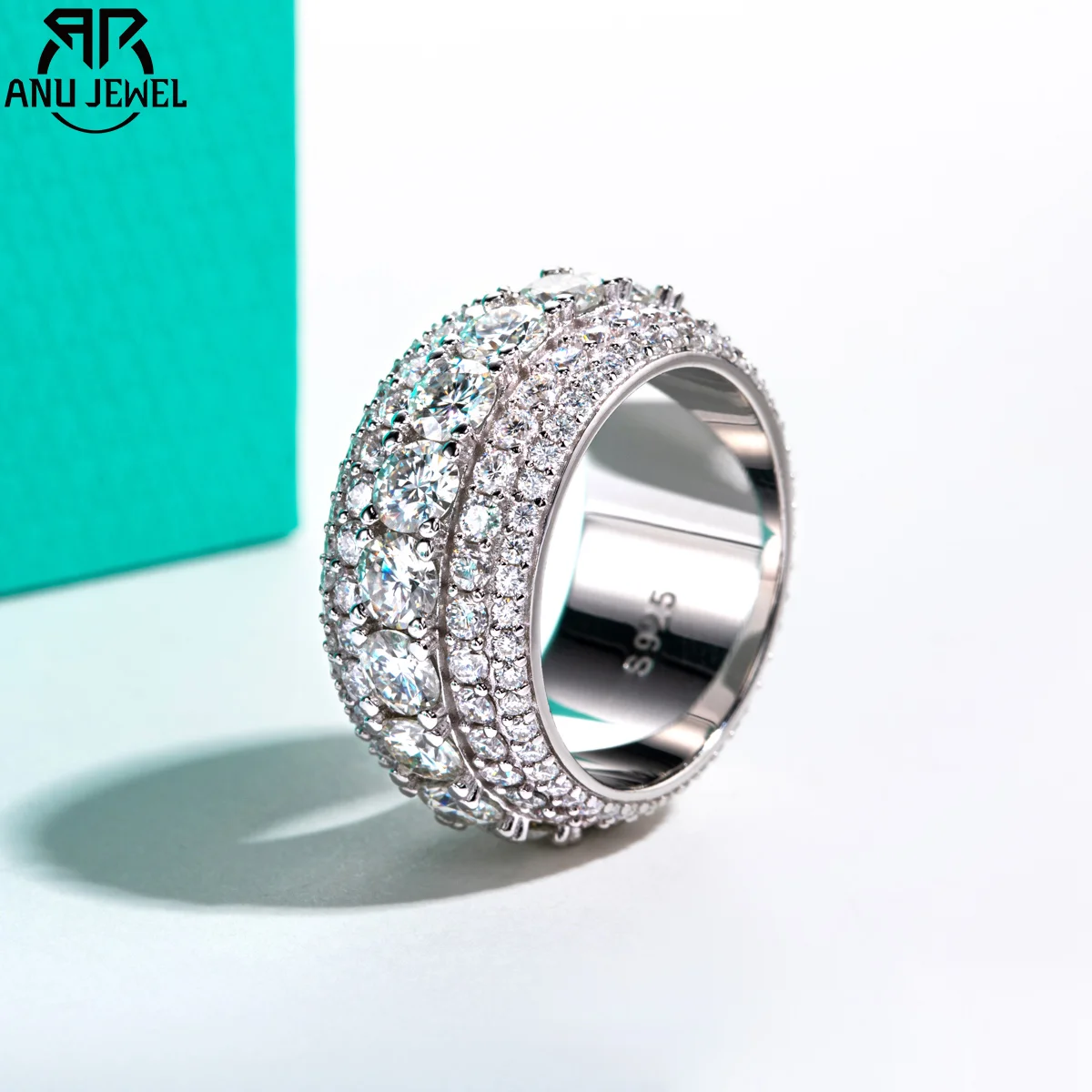 AnuJewel 8,46 cttw Moissanit Hip Hop Eternity Ehering Ringe 925 Sterling Silber Pimped Out Heavy Metal Ring Männer & Frauen Ring