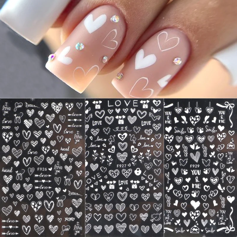 3 stücke 3D Elegante Weiße Herz Nagel Aufkleber Valentinstag Liebe Designs Nail art Aufkleber Selbstklebende Dekoration DIY Maniküre Liefert Image