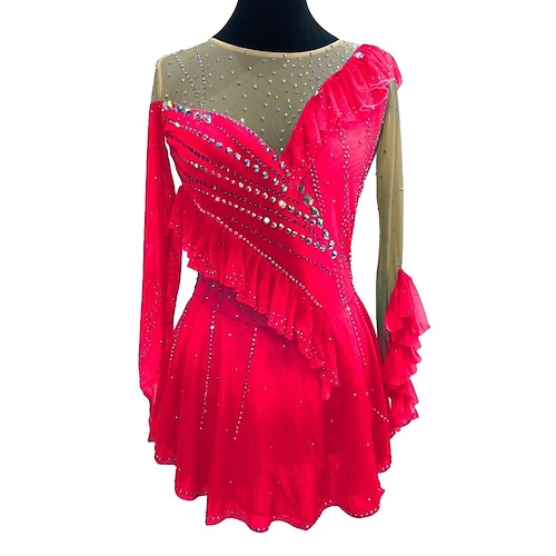 Eiskunstlaufkleid Damen Mädchen Eislaufen Kleid Rot Königsblau Patchwork Daumenloch Netzstoff Spandex Dehnbar Training Übung Professionell Eiskunstlaufkleidung Kristall / Strass Langarm Eiskundstlauf Image
