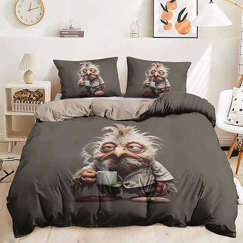 Bettbezug-Set mit lustigem Hahn-Aufdruck, 100 % Baumwolle, weicher und atmungsaktiver Stoff, inklusive Bettbezug und Kissenbezügen, hypoallergen und hautfreundlich, maschinenwaschbar, langlebig, bequem Image