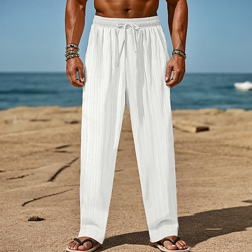 Herren Leinenhose Hose Hosen Sommerhosen Strandhose Kordelzug Elastische Taille Gerade geschnitten Glatt Komfort Atmungsaktiv In voller Länge Täglich Festtage Strand Urlaub Modisch Schwarz Weiß Image