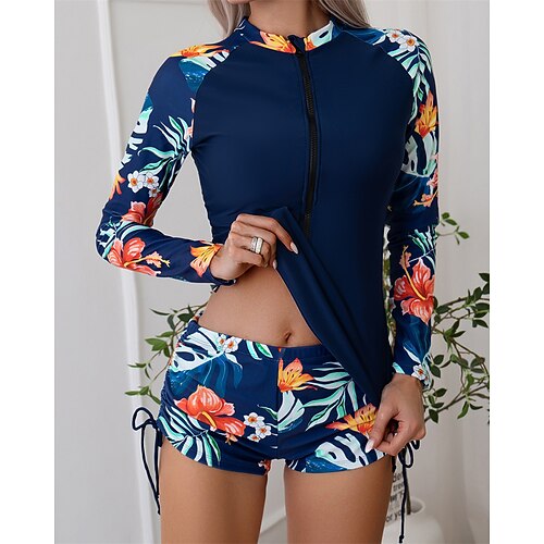 Damen Rash Guard Badeanzug Blumenmuster Patchwork Bedruckt 2 teilig Frontreißverschluss Schnelltrocknend Leicht Atmungsaktiv Langarm Bademode Badeanzug Surfen Strand Wassersport Sommer Image