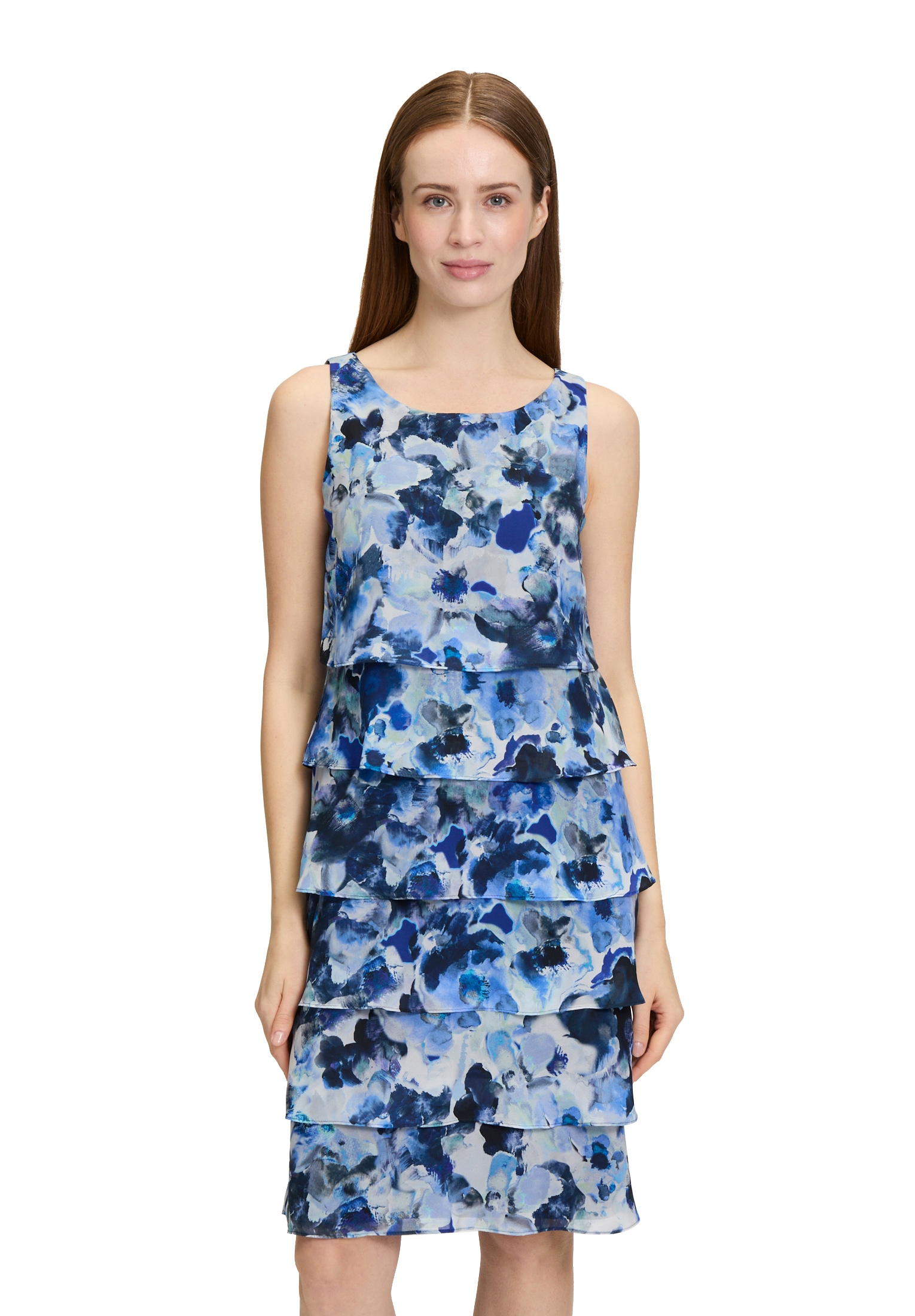 Cocktailkleid VERA MONT "Damen mit Volant", Damen, Gr. 44, Normalgrößen, blau (dunkelblau, blau), Chiffon, Obermaterial: 100% Polyester; Futter: 100% Polyester, figurumspielend kurz, U-Boot-Ausschnitt, Kleider, Volant