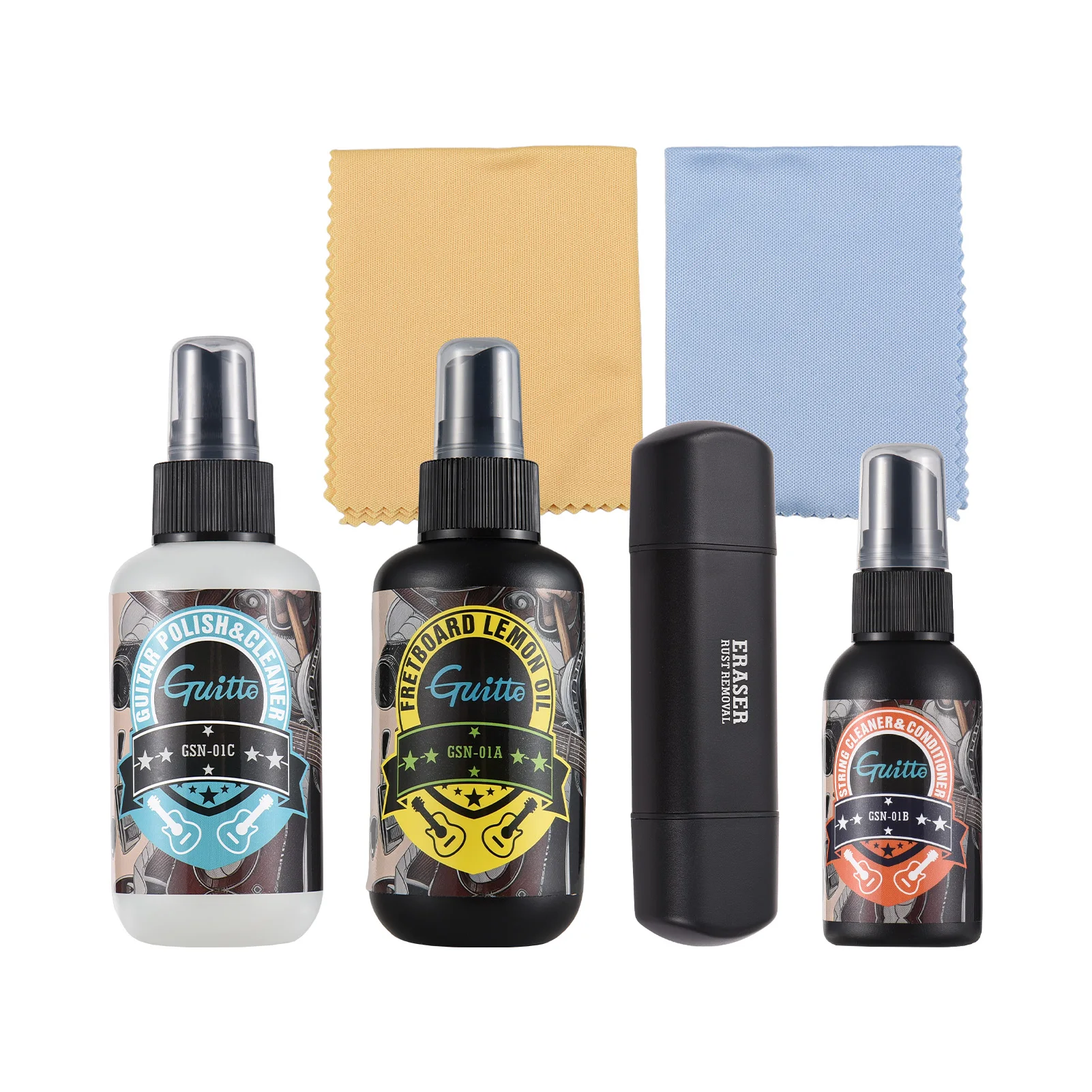 GUITTO Gitarren-Reinigungs-Pflegeset, 120 ml, Griffbrett-Zitronenöl, 50 ml, rostfreies Pflegeöl, 120 ml, Reinigungs- und Poliermittel für Gitarre Image