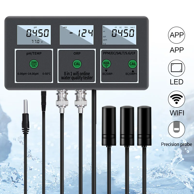 8-in-1 Multifunktions-Wasserqualitätsmessgerät Digital WiFi PH EC TDS SALZ SG.Temp ORP CF Tester Smart Monitor Tuya APP-Steuerung Image