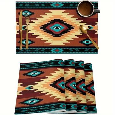 TEMU 4pcs Southwestern Aztec And Bohemian Style Woven Mats - 100% Polyester, Rectangular Dining Table Mats, Machine Washable, Fade Resistant For Home Decor Image