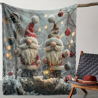 TEMU Cozy Flannel Christmas Gnome Blanket With Festive Santa Hat Gnomes & Snowy Scene – Soft, Warm Throw For Sofa, Bed, Car, Office, Camping & Travel – Gift For All , Christmas Blanket Image