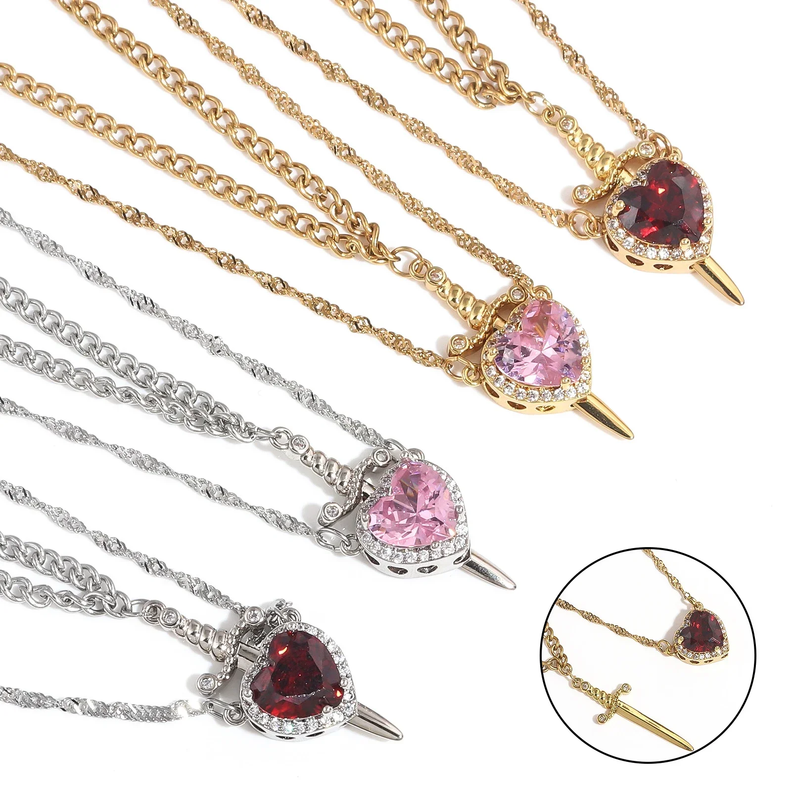 LATS 2 pezzi possono essere assemblati Collana con ciondolo a forma di cuore e spada con zirconi per donna Uomo Coppia gioielli con catena girocollo in argento placcato oro