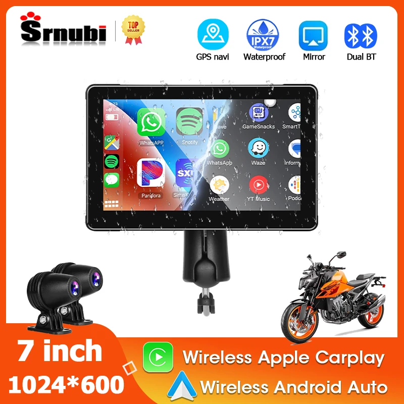 Srnubi 7 Zoll Motorrad tragbare drahtlose Carplay Android Auto Touchscreen GPS Navigation Siri Voice Dual Bluetooth wasserdicht Image