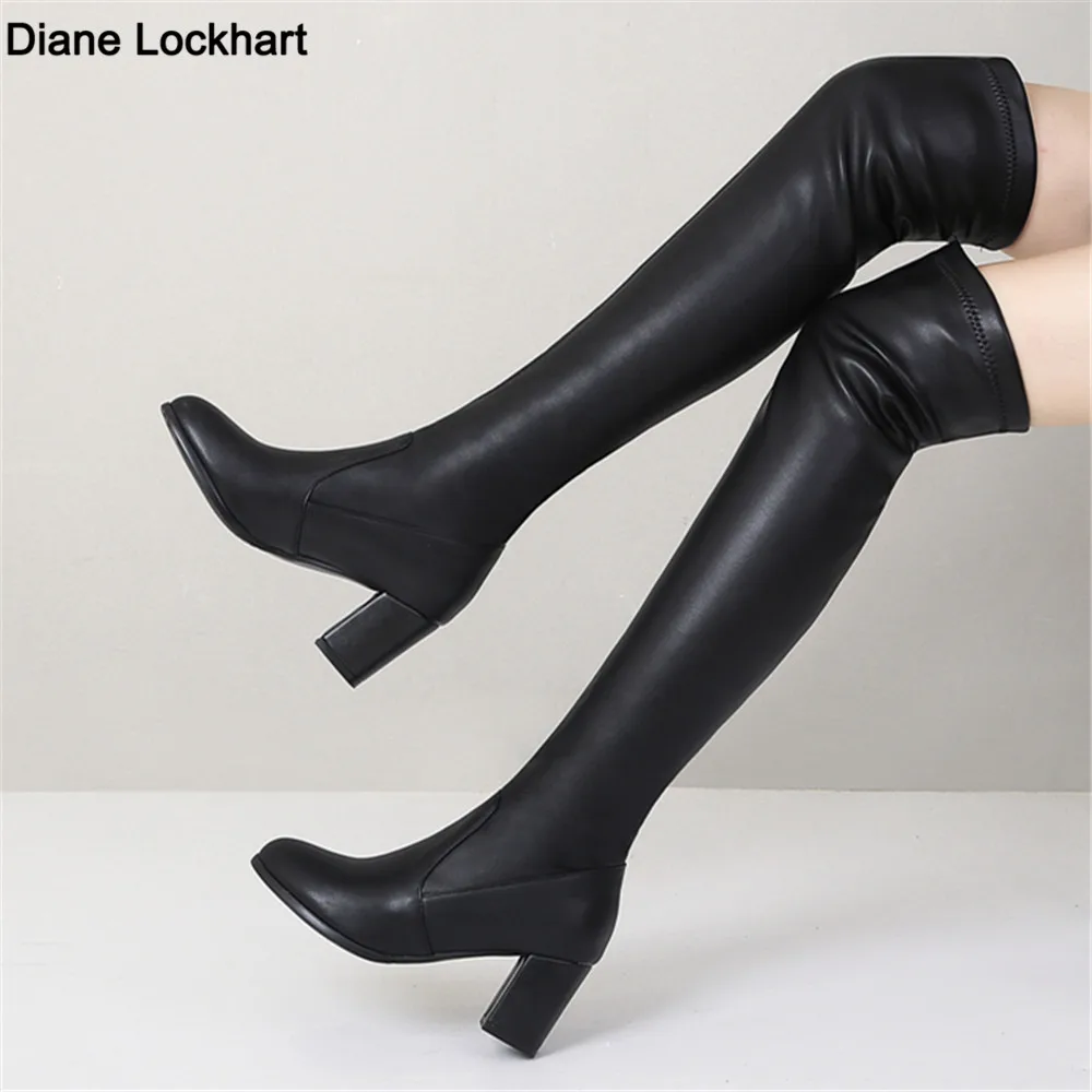 2025 Sexy Oberschenkelhohe Stiefel Plattform WinterFrauen Schuhe Stretch Overknee Stiefel High Heels Braun Weiß Schwarz Lange Stiefel 32-43