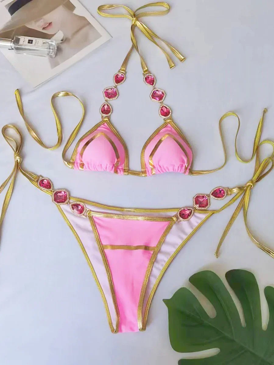 Licou cristal strass diamant Bikini 2025 femme maillot de bain femmes maillots de bain deux pièces Bikini ensemble coupe haute maillot de bain bain
