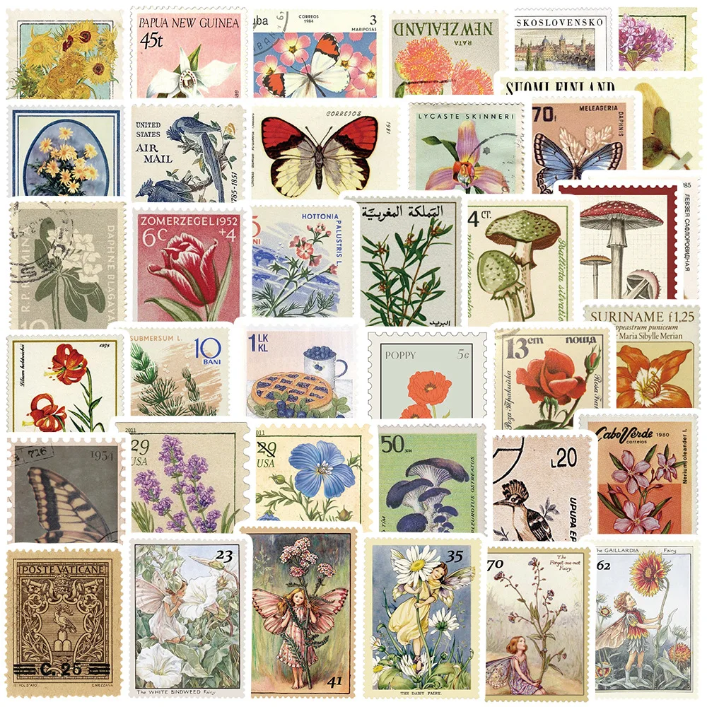 50 Stück Vintage Briefmarken aufkleber für Sammelalbum, Deko papier aufkleber für Kugel journal, botanische Feen aufkleber für Telefon Image