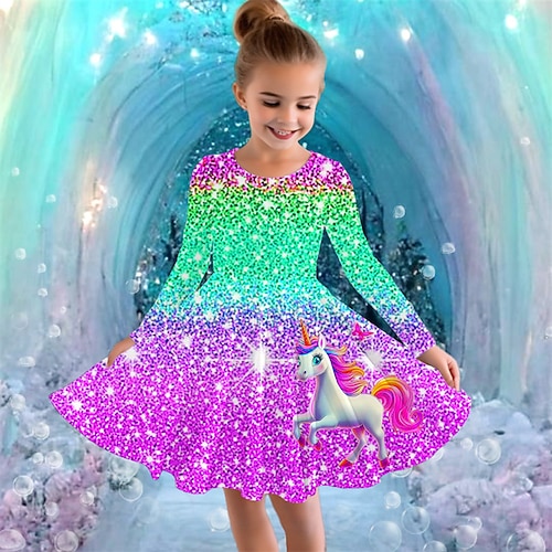 Mädchen' 3D Graphic Einhorn Kleid Langarm Sommer Frühling Urlaub Täglich Festtage Prinzessin Schön Süß kinderkleidung 4-12 Jahre Casual kleid A Linie Kleid Knielang Regular Fit Image