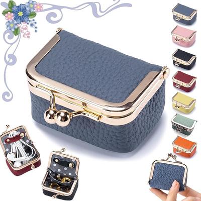 Genuine Leather Mini Jewelry Box, Portable Vintage-inspired Genuine Leather Coin Purse Jewelry Case with Kiss Lock, Mini Travel Ring Box for Women for Earring/Ring/Necklace/Bracelet