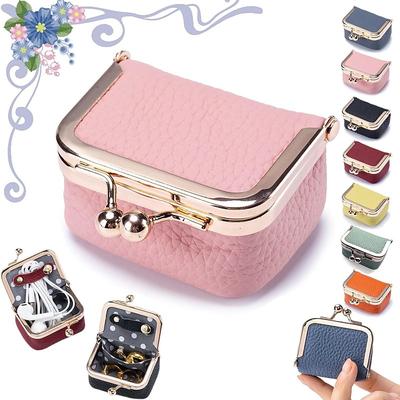 Genuine Leather Mini Jewelry Box, Portable Vintage-inspired Genuine Leather Coin Purse Jewelry Case with Kiss Lock, Mini Travel Ring Box for Women for Earring/Ring/Necklace/Bracelet