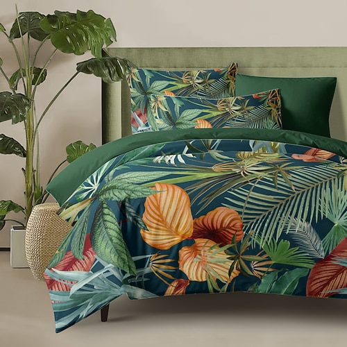 Bettbezug-Set im tropischen Pflanzenstil 100 % Baumwolle weiche und atmungsaktive Bettwäsche mit üppigem tropischem Blättermuster leichter und strapazierfähiger Bettbezug bequem für alle Jahreszeiten pflegeleicht Image