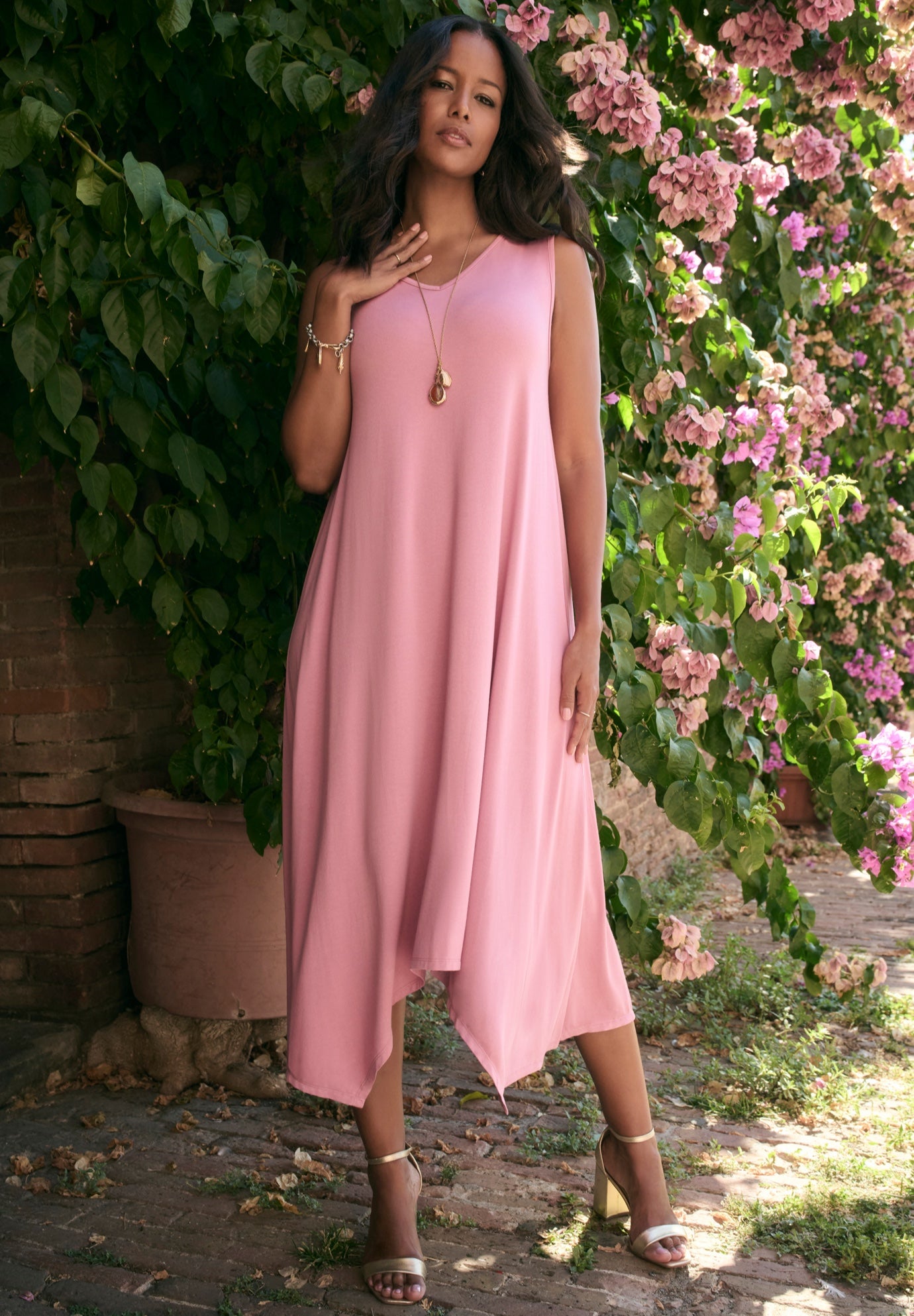 Plus Size Women's Plus Size Stretch Knit Mid Length Sleeveless Swing Dress by Roaman's in Soft Blush (Size 18/20)