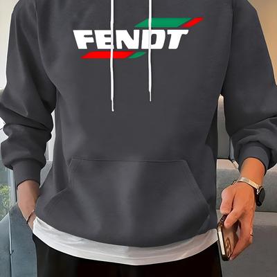 TEMU Fendt Men's Hoodie - Polyester 100% Knit Fabric With & Letter Print, Casual Loose Fit Sweatshirt With Pocket, Stretch For Spring/autumn Image