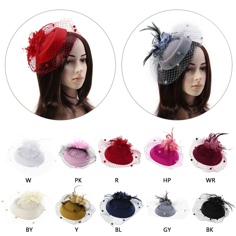 Fascinator-Hüte für Damen, Pillbox-Kappe mit Blumen-Pelz-Mesh-Schleier und Haarspange, Party-Kopfbedeckung, Kopfschmuck Image