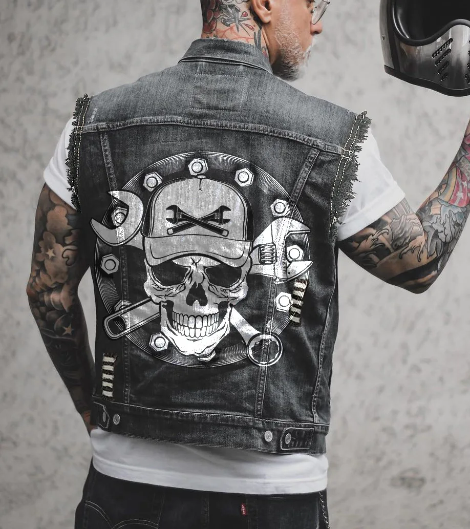 Herren Frühjahr Und Sommer Vier Jahreszeiten Neue Heißer Verkauf Straße Rock Hip Hop Punk Schädel Druck Muster Ärmellose Weste denim Jacke Image