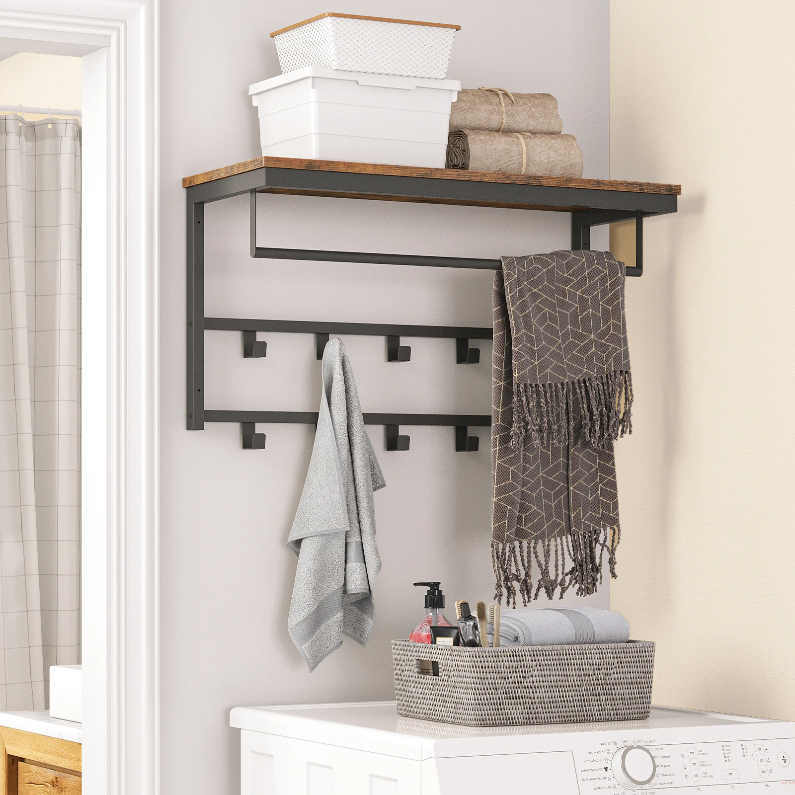 HOOBRO Wandgarderobe mit Regal, Wandregale mit 10 Haken und Stangen für Flur, Wohnzimmer, Schlafzimmer, Badezimmer