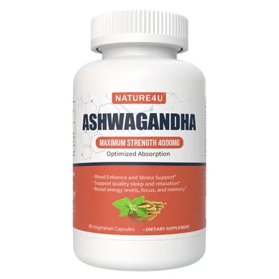 Nature4U Ashwagandha 4000mg Extra Strength, Natural Adaptogen Mood & Stress Support, Sleep & Energy
