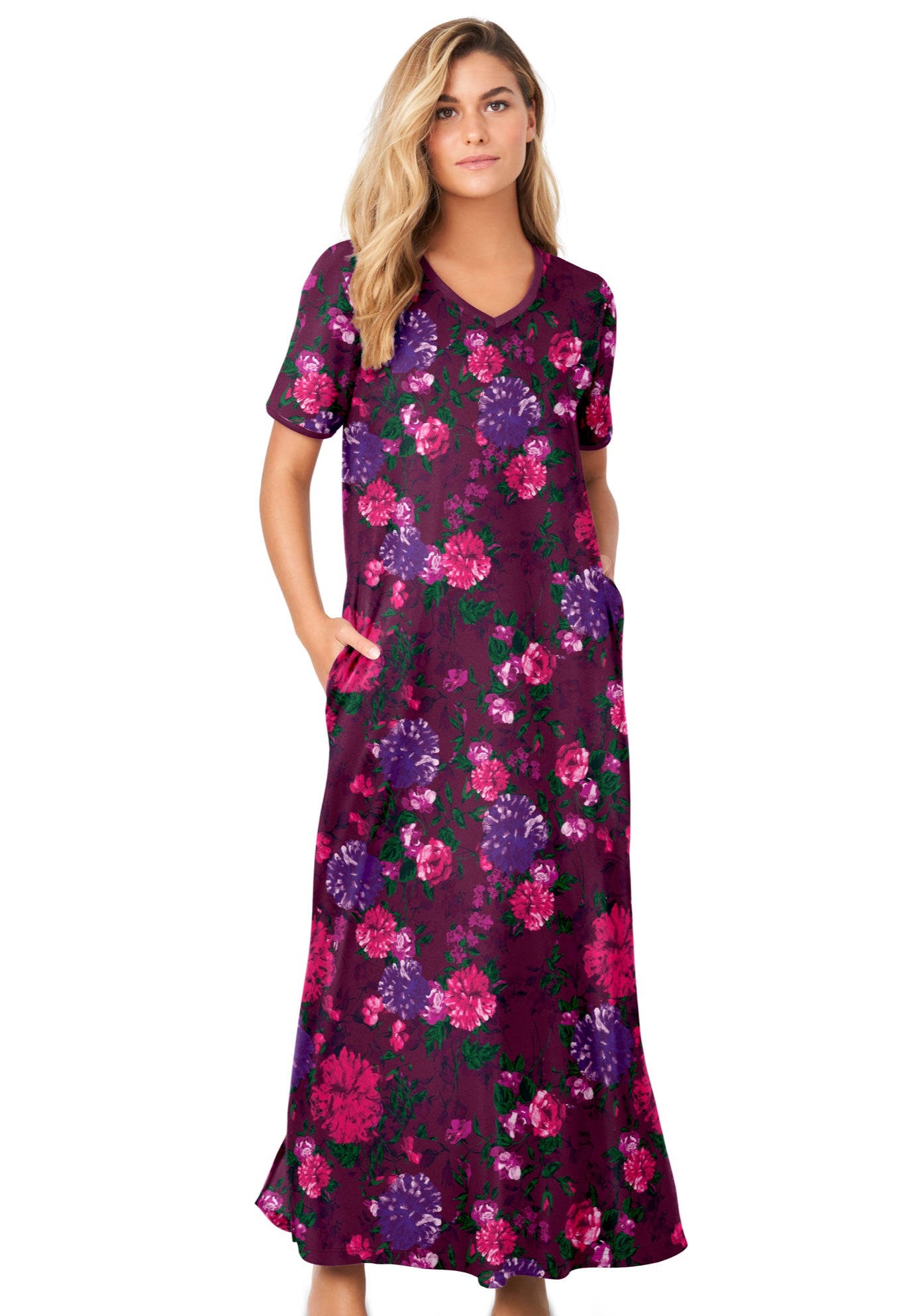 Plus Size Women's Long T-Shirt Lounger by Dreams & Co. in Deep Claret Painted Floral (Size L)