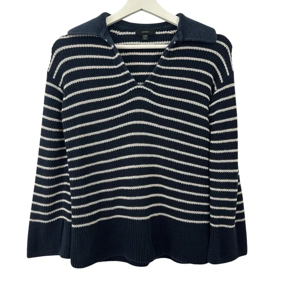 J. Crew Sweaters | J. Crew Women’s Relaxed Collared Striped Sweater Size Xxs | Color: Red | Size: Xxs