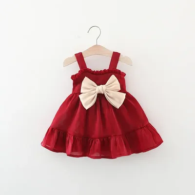 Sommerkleid für Mädchen, süßes Kleid mit hängendem Riemen, einfarbig, große Schleife, geeignet für Kinder im Alter von 80–110 Jahren Image