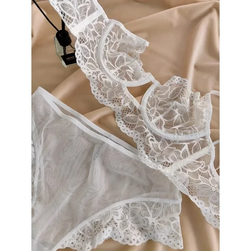 MOYISU Weiße durchsichtige Spitze, große Brüste, kleine BH-Unterwäsche, ultradünnes Set, sexy Pure Desire-Unterwäsche, Unterwäsche-Set Image