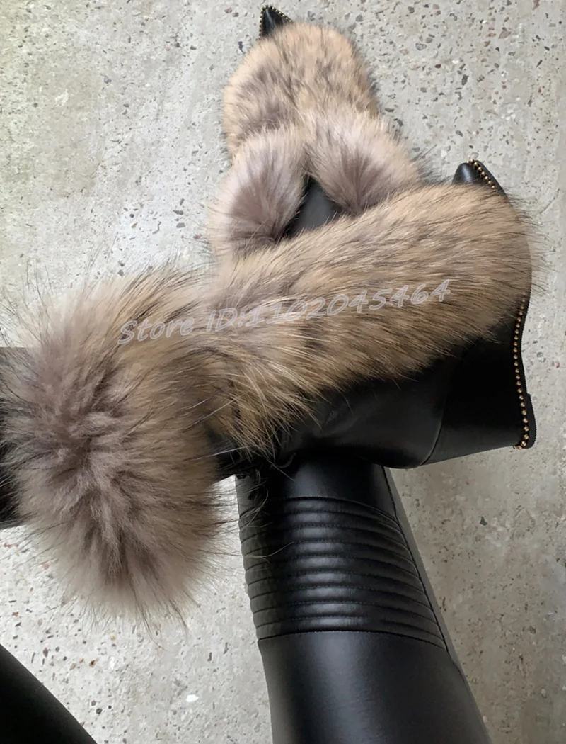Schwarz/Nude-Pelz-Keilstiefel aus Leder mit mittlerer Wade, 2024, Winter, neu in warmen High Heels, Schnürung, sexy Stiefel, große Designer-Damenschuhe