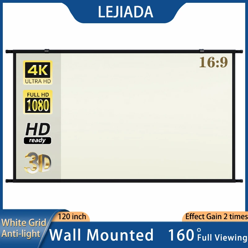 Lejiada Projektor Leinwand Wand montiert 120 Zoll weißes Gitter Anti-Licht 16:9 160 ° Betrachtung winkel Bildschirm für Indoor Outdoor Film Image