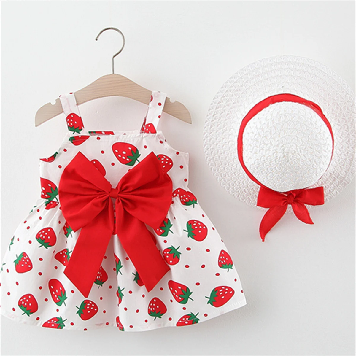 Sommer Mädchen neue Schlinge Kleid süße Erdbeere Big Bow Baumwoll tuch Rock kommt mit Hut für 0-3 Jahre alte Babys geeignet Image