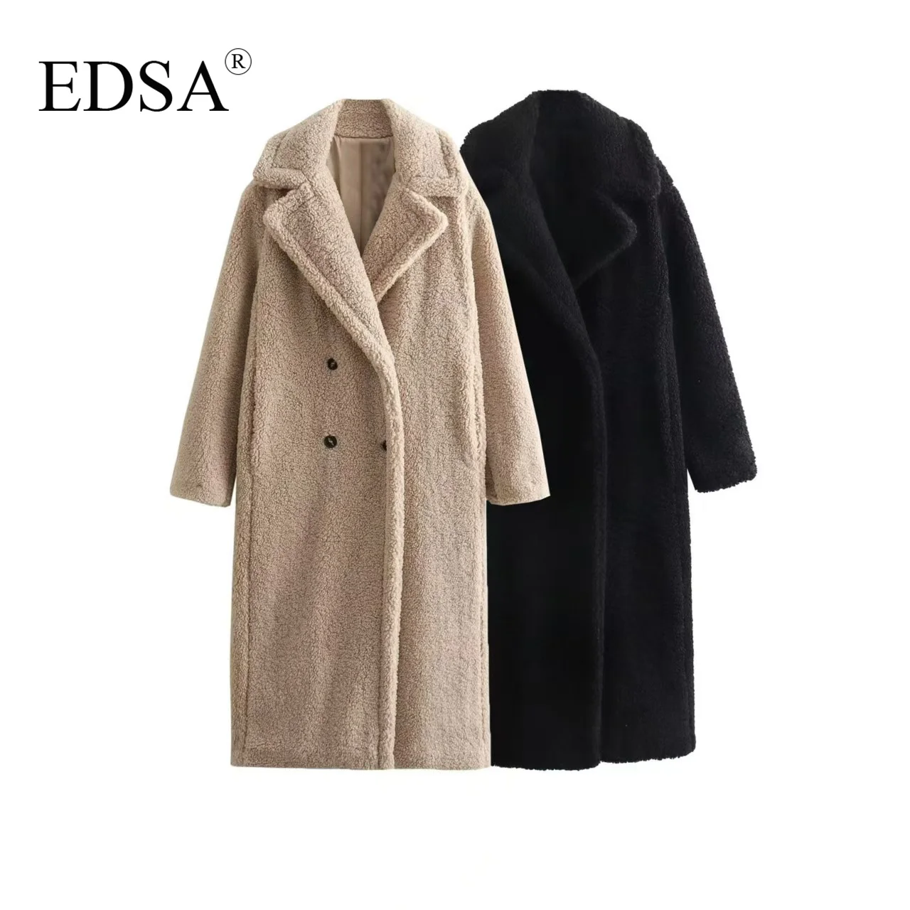 EDSA Frauen Vintage Wolle Mischung Langen Mantel Herbst Winter Revers Chic Langarm Zweireiher Große Jacke Weibliche Straße Mantel