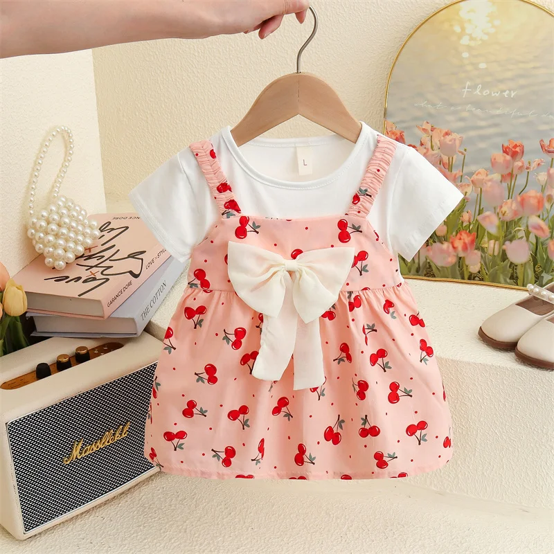Sommer Neues Weißes Kurzarm Gefälschtes Zweiteiliges Baby Mädchen Kleid, Lässiger Urlaubsstil Kirsche Kinderkleidung Für 6-24 Monate Image