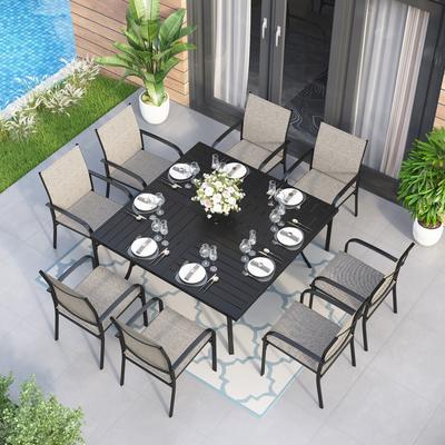 MAISON ARTS Patio Dining Set 9 Pieces, Outdoor Dining Set for 8, 60" Square Metal Dining Table with 8 Textilene Dining Chairs