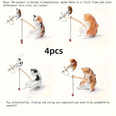 TEMU 4-piece Cat Fishing Figurines - Plastic Miniature Statues For Aquarium & Bonsai, Ideal For Fish Landscape Decor Image