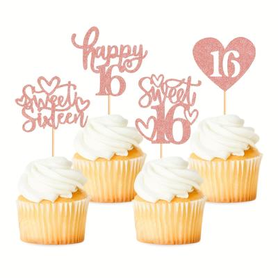 "TEMU 24pcs Cupcake Toppers - Golden Rose & Glitter " 16" Cake Decorations For Birthday, Wedding, Shower, Bridal Party, Dessert Table Dress , Cake Decorating Supplies"
