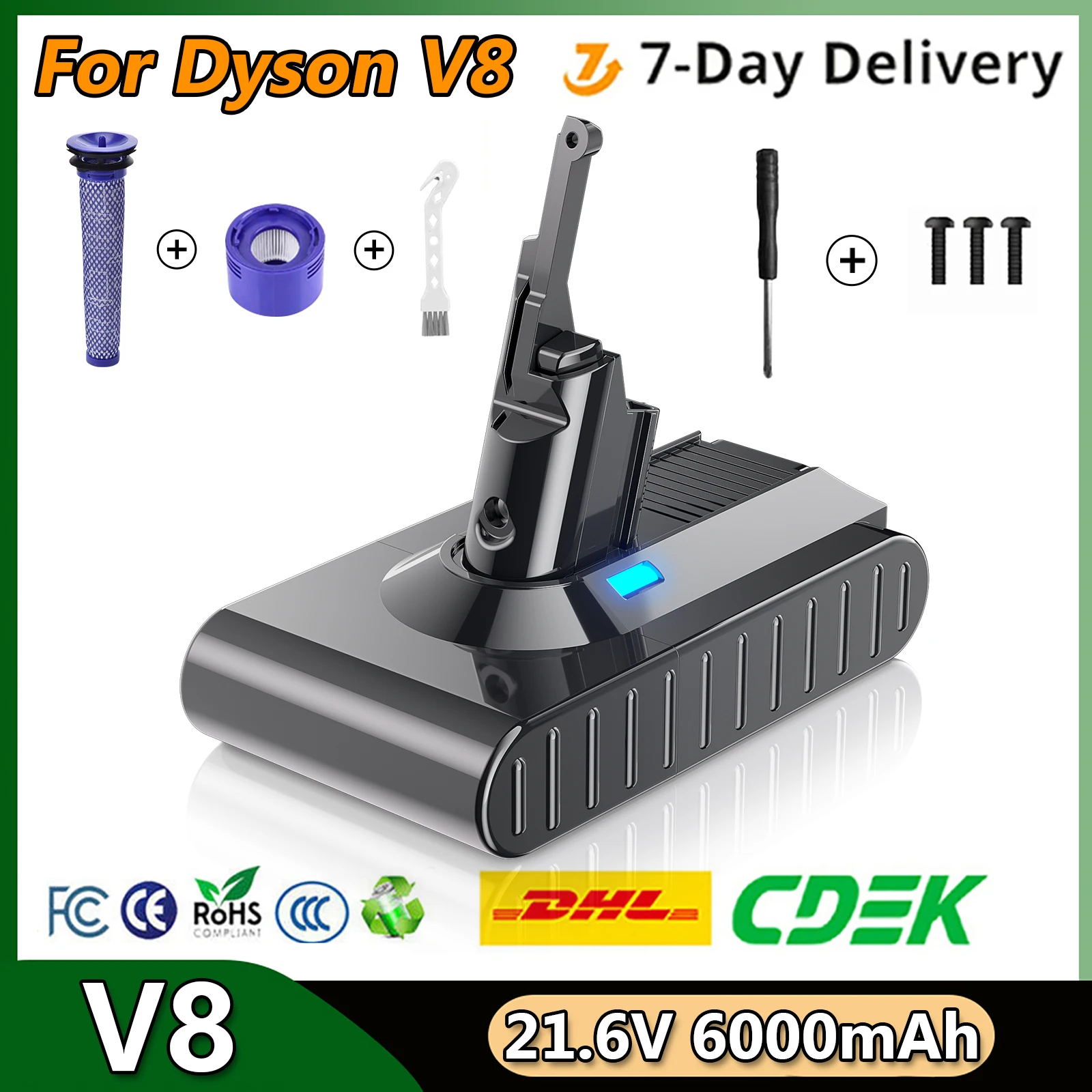 6000 mAh Akku für Dyson V8 Ersatzakku 21,6 V für Dyson V8 Li-Ion Staubsauger Akku mit Vorfilter v8 Nachfilter Image