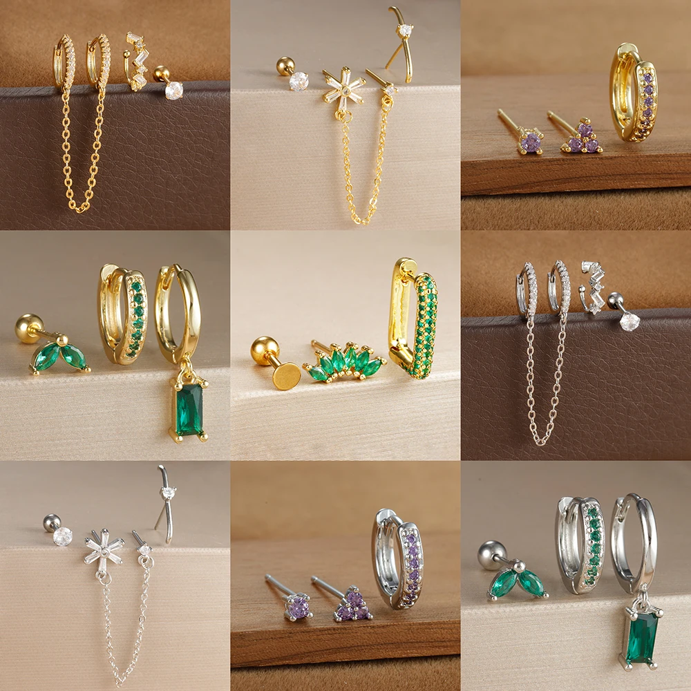 3PCS Edelstahl Quaste Kette Hoop Ohrring Sets für Frauen Zirkonia Knorpel Piercing Bolzen Party Mode Schmuck Image