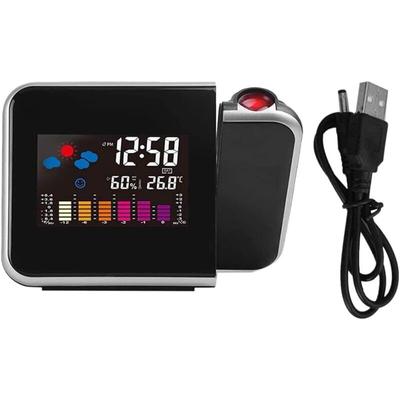 Schwarzer Deckenprojektionswecker, LED-Digitalprojektor-Wecker mit LCD-Zeitstation, Temperatur und Image