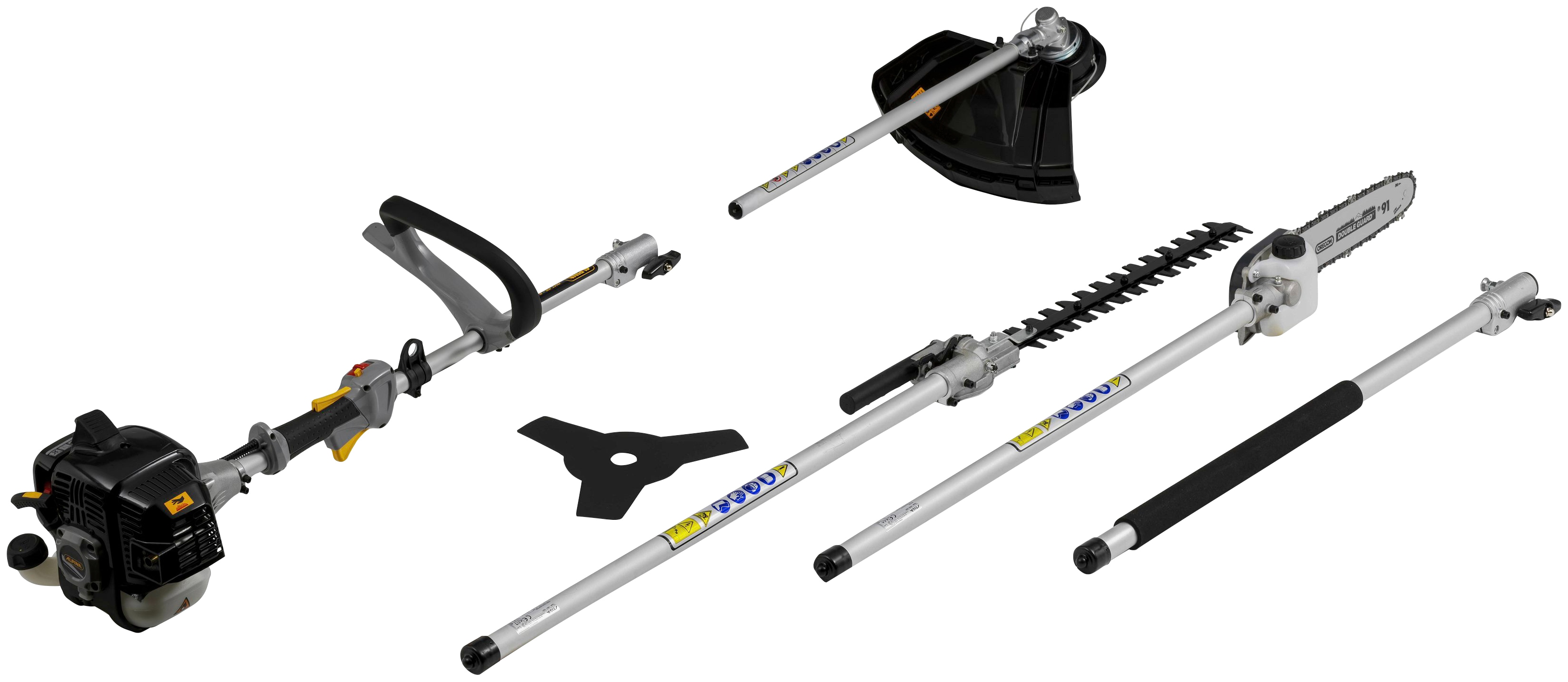 Benzin-Motorsense ALPINA-GARDEN "AMT 26 - 5 in 1", silber (schwarz, silberfarben), Motorsensen, mit Heckenscheren- und Hochentasteraufsatz